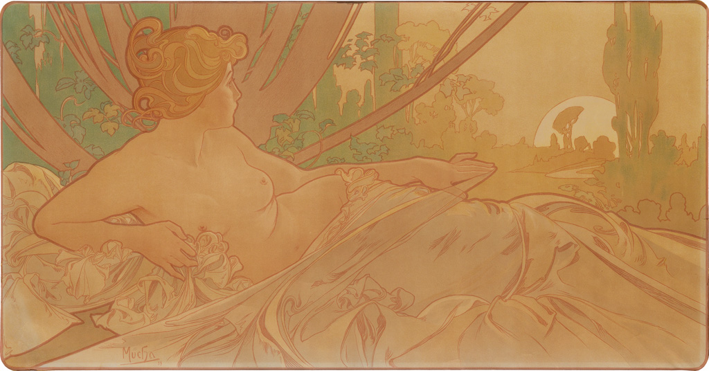ALPHONSE MUCHA (1860-1939). [AURORE ET CRÉPUSCULE / DAWN & DUSK]. Two decorative panels. 1899. Each 18x34 inches, 47x87 cm. [F. Champen